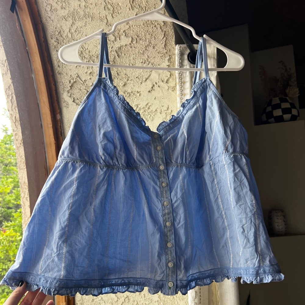 aerie Light Blue Lace-Trim Button-Front Cami